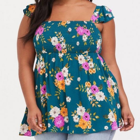 Torrid Floral Babydoll Gauze Smocked Ruffle Tank Top, Dark Teal - Picture 1 of 11